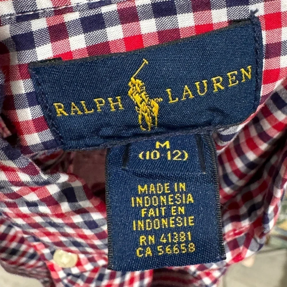 Ralph Lauren Boys Plaid Button Down Collared Logo Red White Blue Shirt Medium